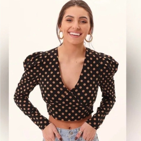 NWT MINKPINK by Revolve Ayat Wrap Crop Top Black with Tan Polka Dot Size Medium - Picture 1 of 10